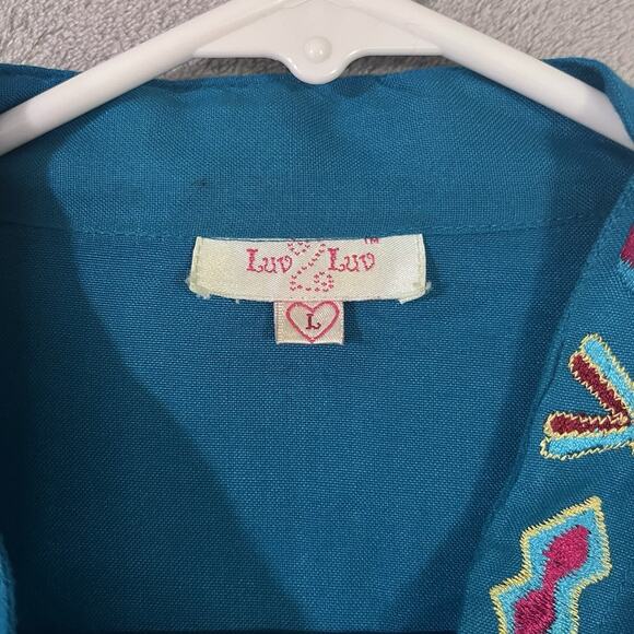 Luv Embroidered Peasant Tunic Shirt Turquoise Blue Women Sz L Boho Aztec - Picture 4 of 10